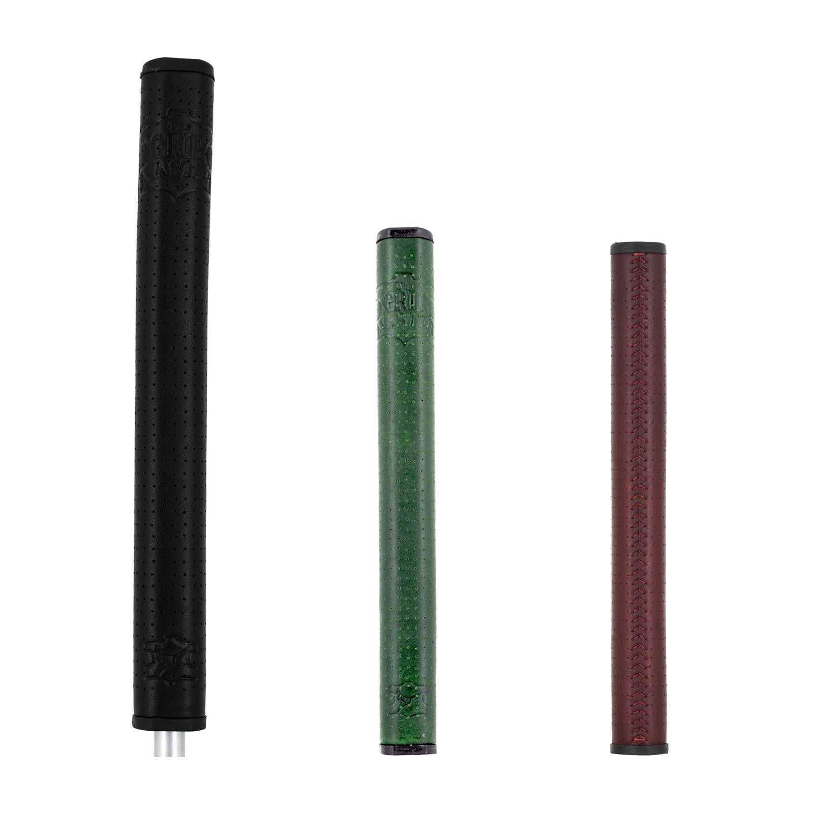 Roo Laced FL27 Non-Taper putter grips in Black, Dark Green, and Dark Red