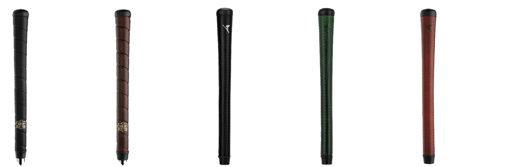 Five complete Grip Master leather swing grips in Black, Uluru, Dark Green, and Red